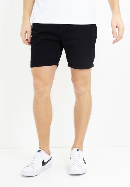 Black Plain Turn Up Hem Cotton Twill Shorts
