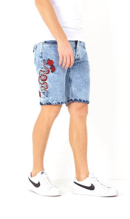 Embroidered Rose Snake Design Denim Shorts