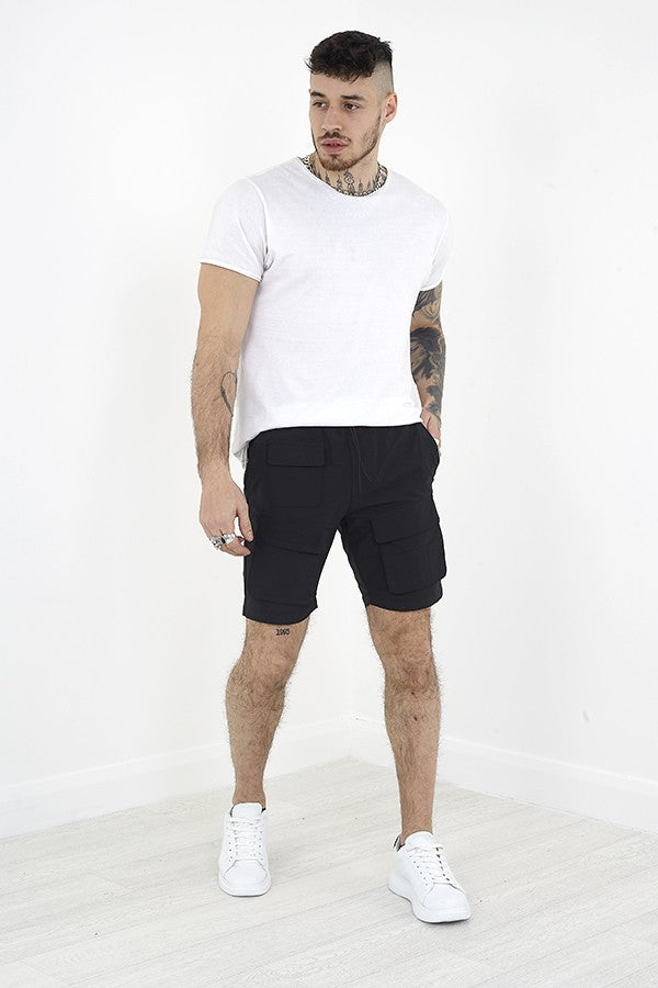 Plain Black Drawcord Waist Utility Shorts