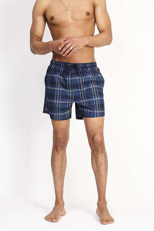 Checked Navy Drawstring Waist Swimming Shorts