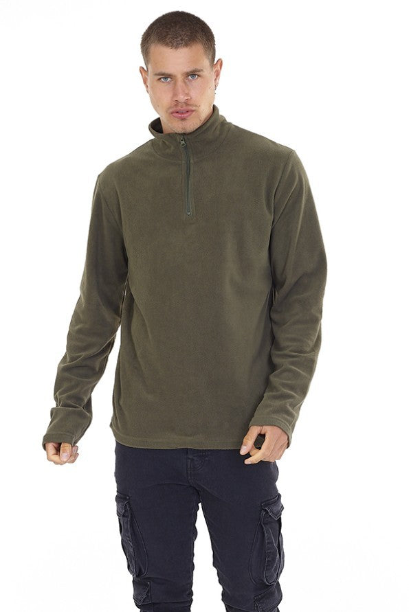 Dark Khaki Funnel Neck Quarter Zip Microfleece Sweat