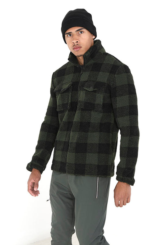 Forest Green Funnel Neck Zip Through Check Borg Jacket