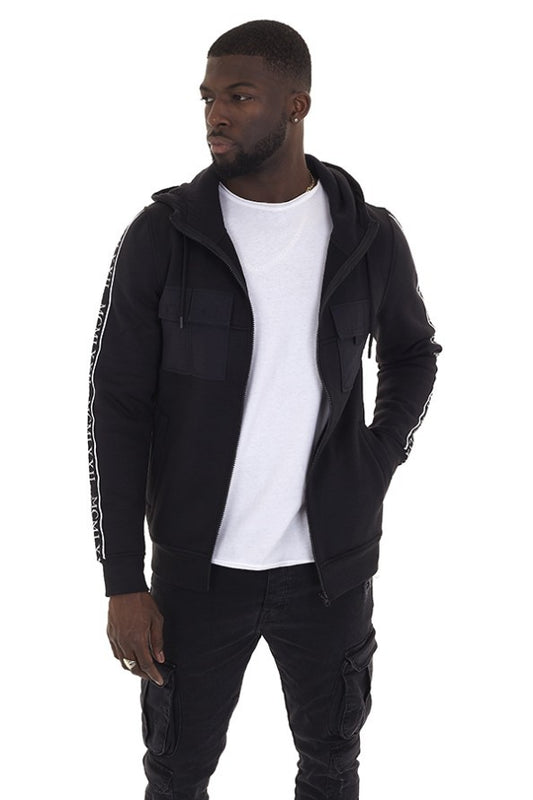 Black Arm Tape Detail Zip Through Hoodie