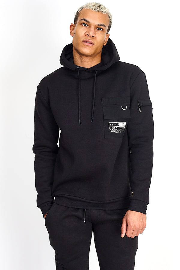 Printed Shell Pocket Detail Overhead Hoodie