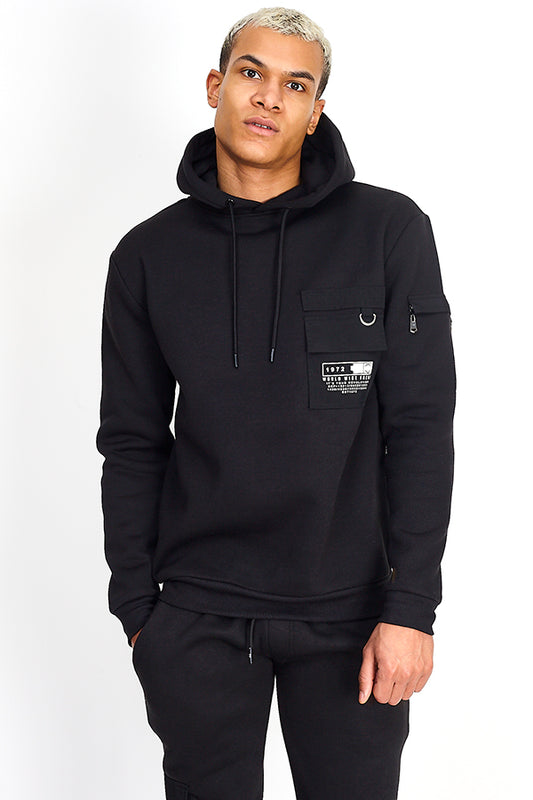 Printed Shell Pocket Detail Overhead Hoodie