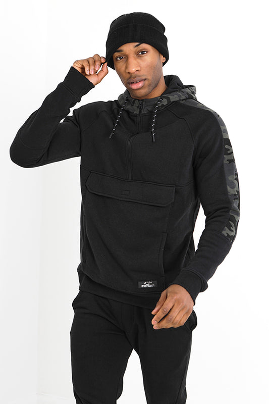 Pocket Detail Quarter Zip Camo Stripe Hoodie