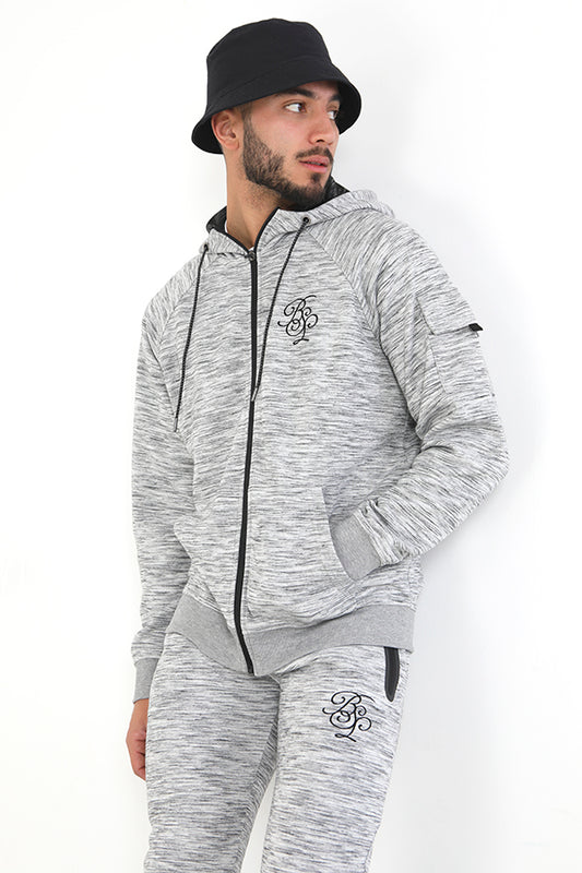 Grey Zip Through Embroidered Hooded Sweatshirt