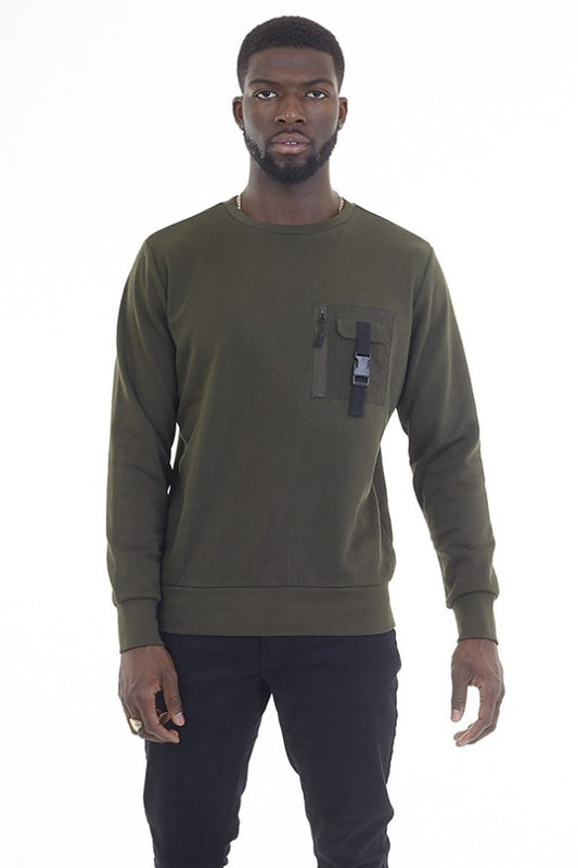 Zip Pocket Buckle Detail Crew Neck Sweatshirt