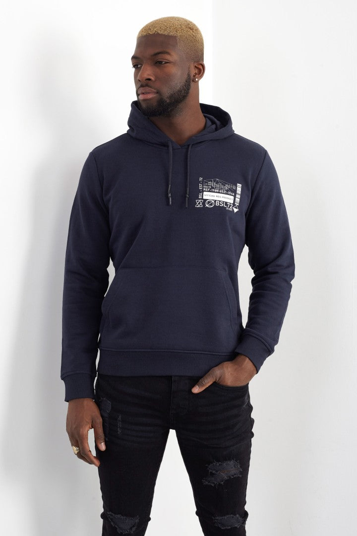 Printed Chest Design Kangaroo Pocket Overhead Hoodie