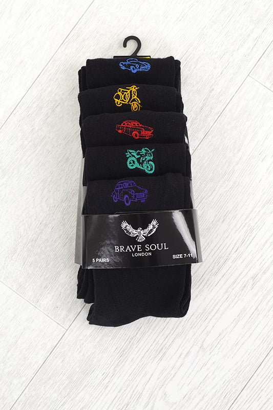 Black Transportation Design Five Pack Socks