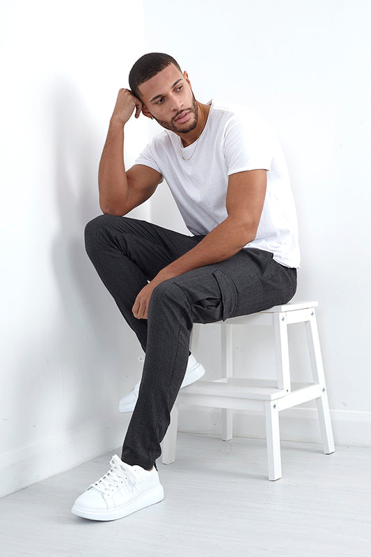 Dark Grey Checkered Drawstring Cargo Pants