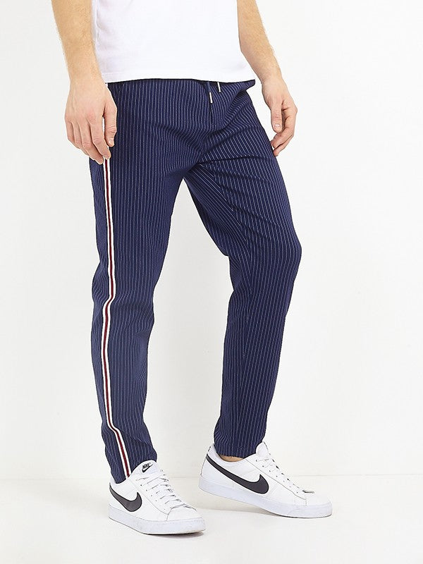 Navy Pinstripe Drawstring Waist Casual Trousers