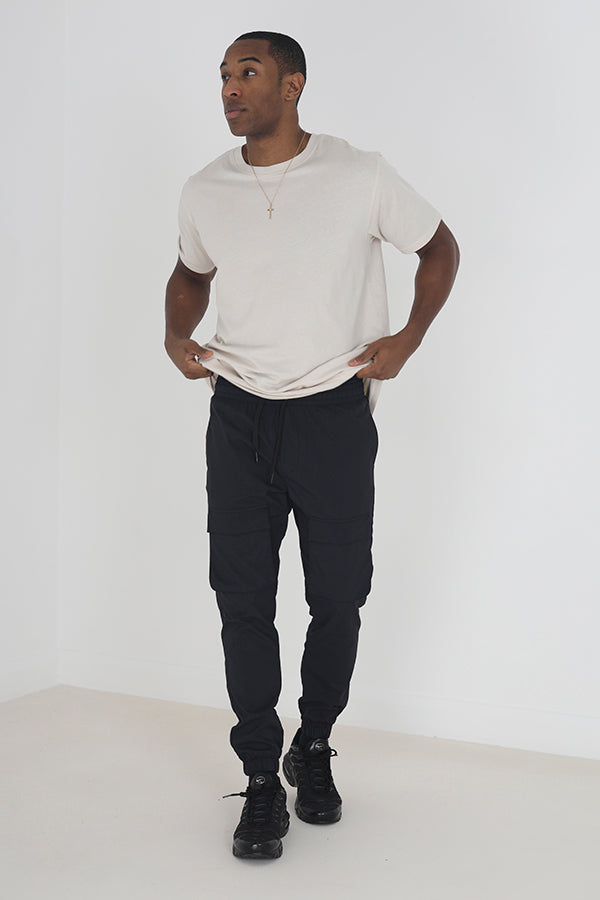 Black Taslan Cuff Slim Fit Cargo Trousers