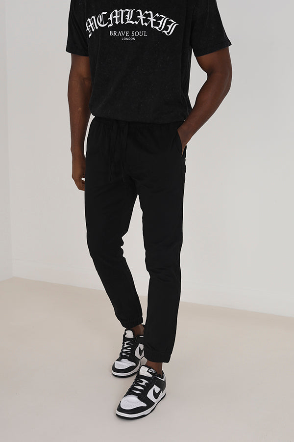 Black Cotton Twill Elasticated Cuffed Trousers