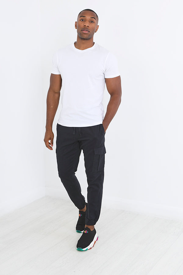 Black Cotton Twill Cuffed Cargo Style Trousers