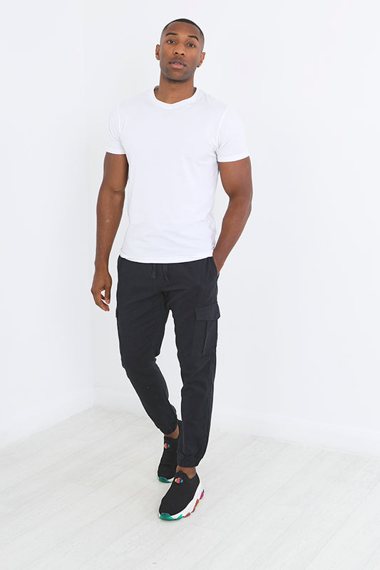 Black Cotton Twill Cuffed Cargo Style Trousers