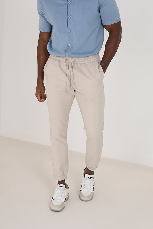Stone Cotton Twill Elasticated Cuffed Trousers