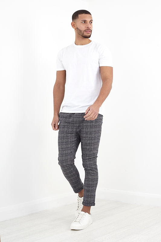 Grey Checkered Slim Fitting Drawcord Trousers