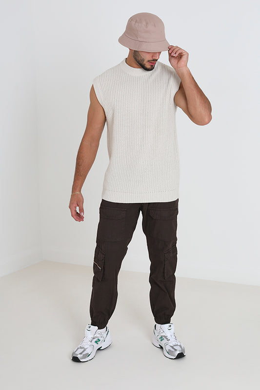 Brown Multi Cargo Pocket Zip Cuff Hem Trousers