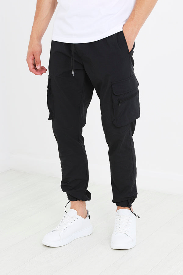 Black Multi Cargo Pocket Detail Taslan Trousers
