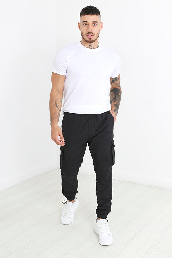 Black Taslan Cargo Style Cuffed Bottom Trousers