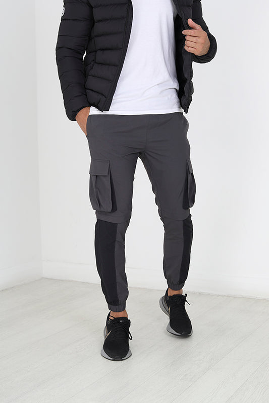Grey Contrast Panel Cuffed Cargo Trousers