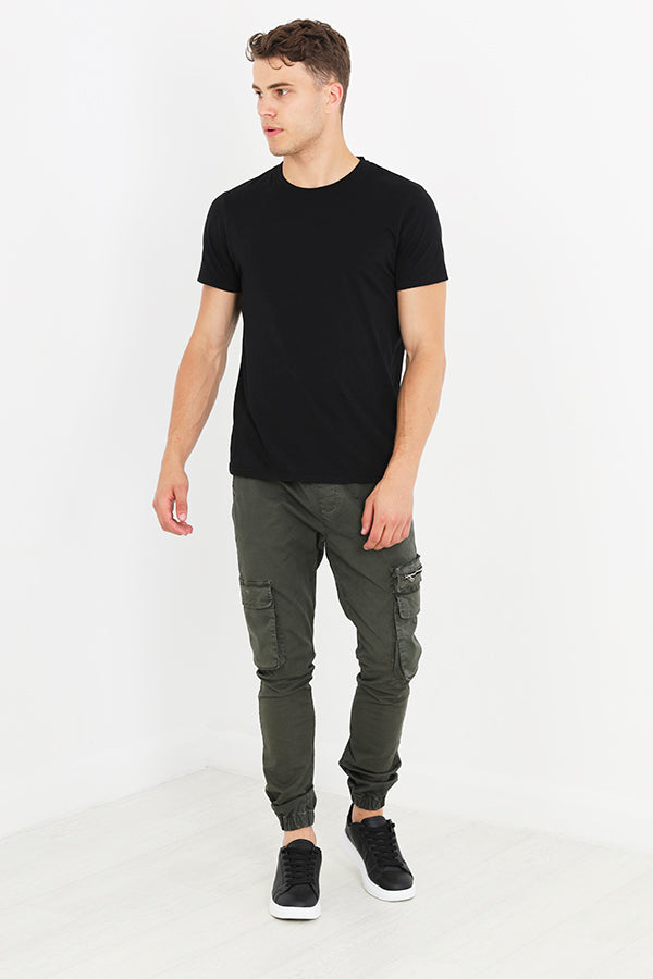 Khaki Cotton Twill Cuffed Cargo Style Trousers