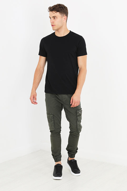 Khaki Cotton Twill Cuffed Cargo Style Trousers