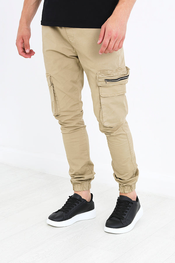 Stone Zip Pocket Detail Slim Fit Cuffed Cargo Pants