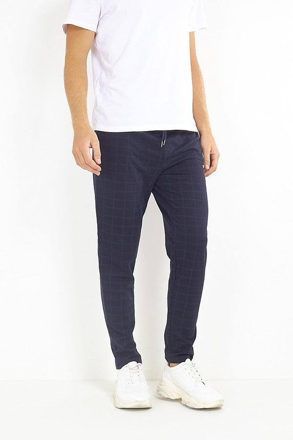 Navy Window Pane Check Jersey Drawstring Trousers