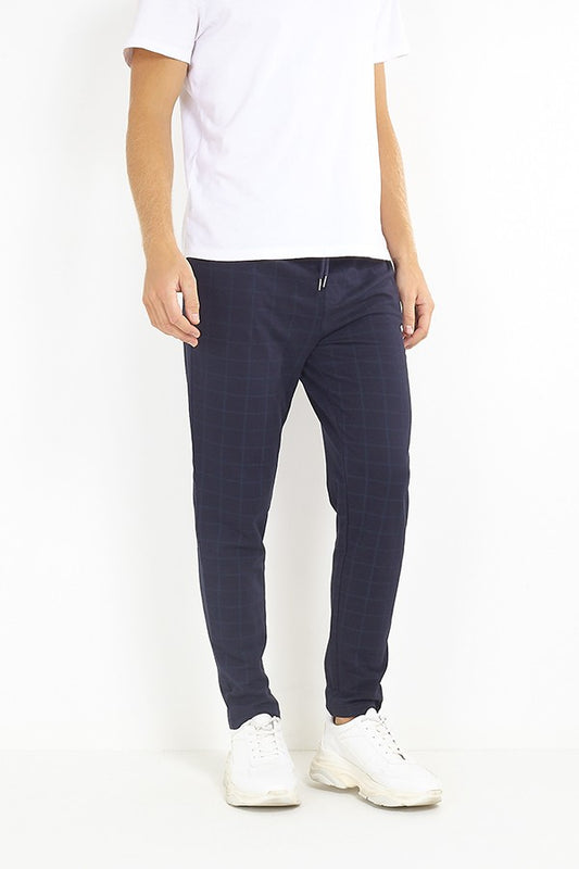 Navy Window Pane Check Jersey Drawstring Trousers