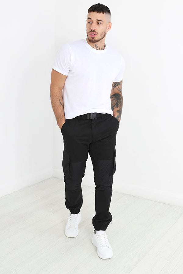 Black Cargo Style Buckle Belt Detail Cuffed Trousers
