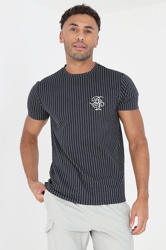 Stripe Print Embroidery Detail Short Sleeve T-Shirt