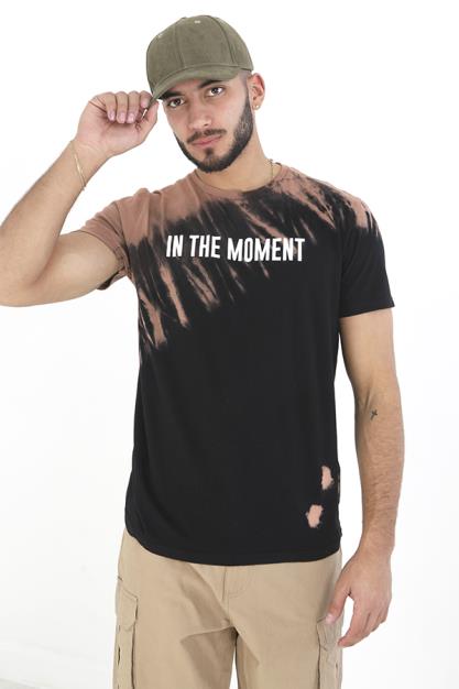 Black Bleach Effect Chest Print Crew Neck T-Shirt