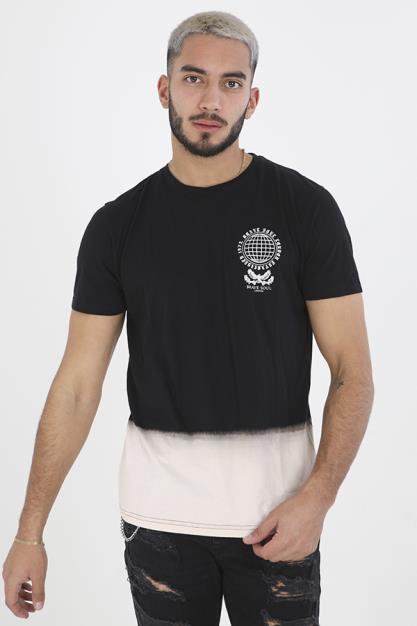 Black Bleach Dip Dye Crew Neck Printed T-Shirt