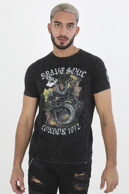 Black Acid Wash Snake Chest Print Detail T-Shirt