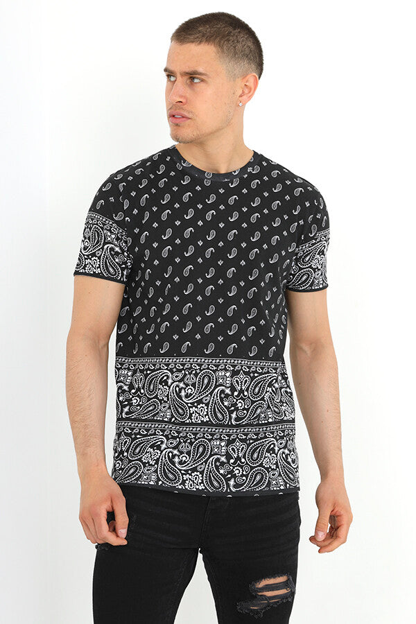 Black Paisley Print Crew Neck T-Shirt