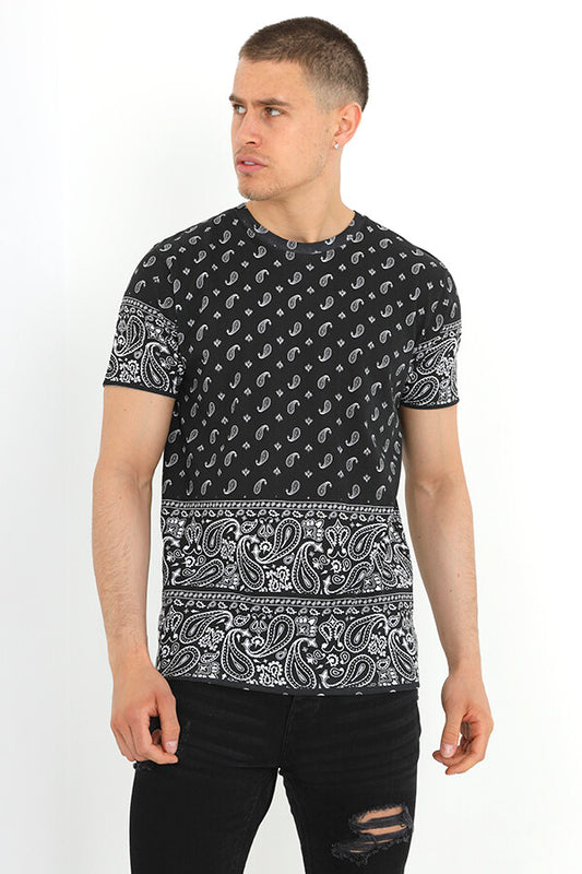 Black Paisley Print Crew Neck T-Shirt