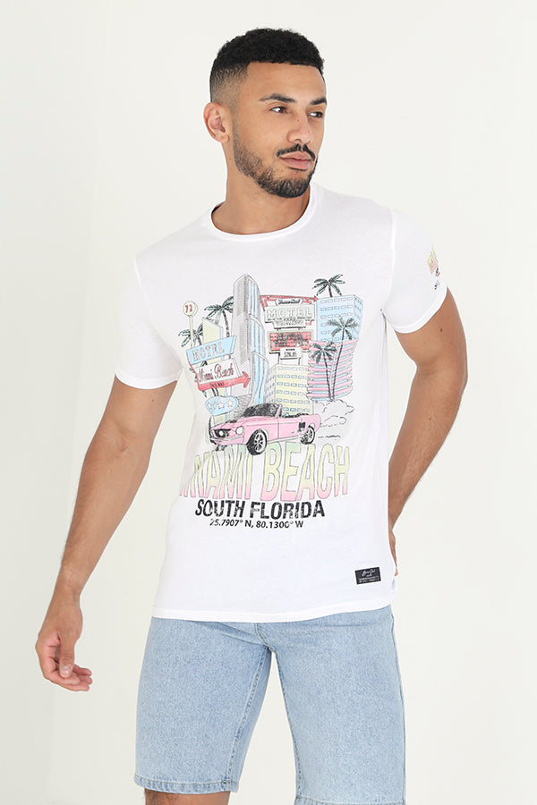 Miami Beach Chest Print Short Sleeve Tee Shirt