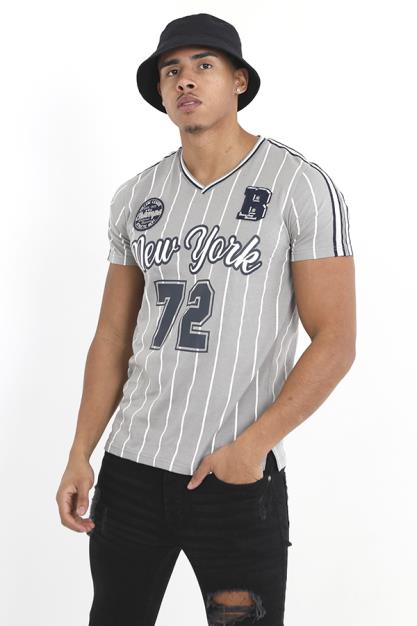 V Neck Baseball Jersey All Over Stripe Print