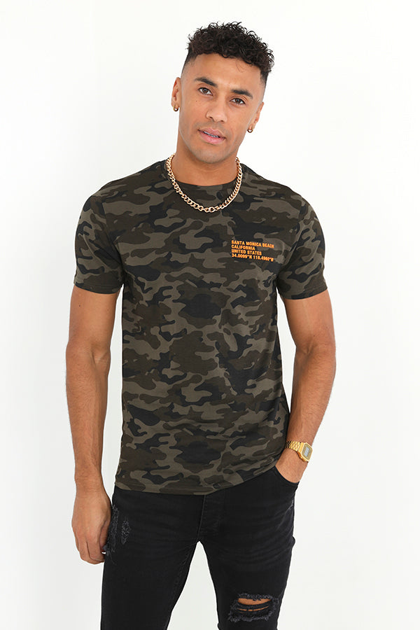 Camouflage Print Chest Detail Crew Neck T-Shirt