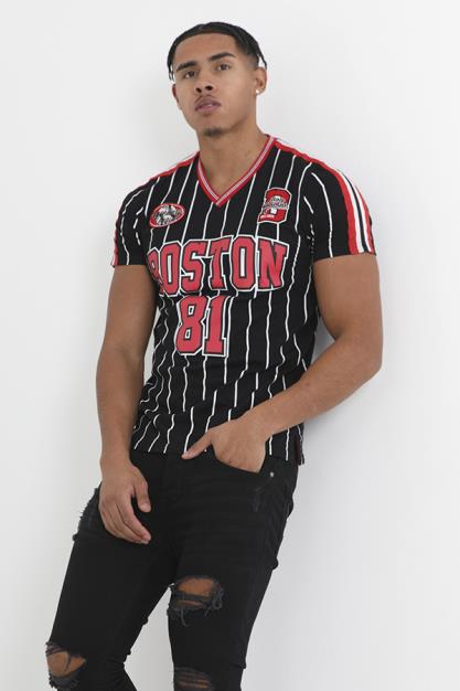 V Neck Baseball Jersey All Over Stripe Print