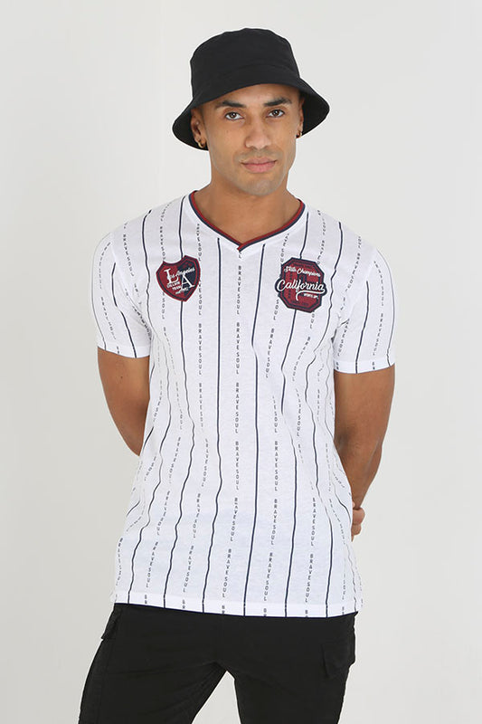 White Striped V-Neck Badge Detail Baseball T-Shirt