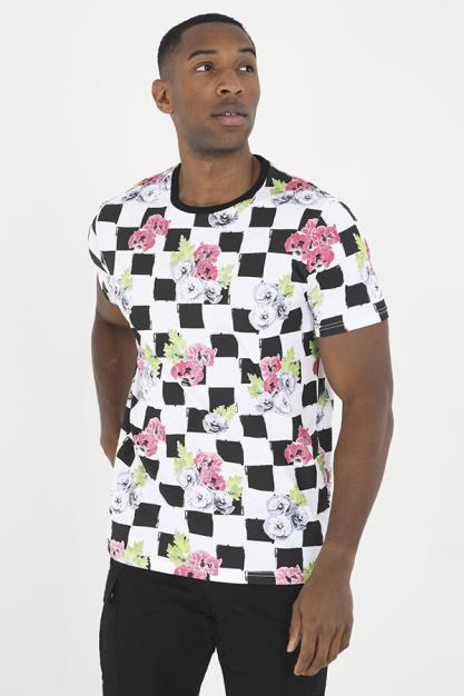 Crew Neck Checkerboard Print Short Sleeve T-Shirt