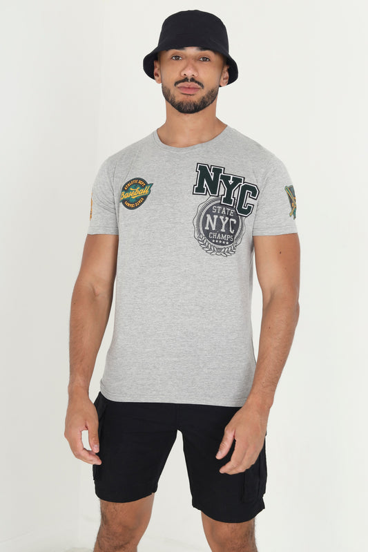 Crew Neck Short Sleeve Chest & Side Hem Print T-Shirt