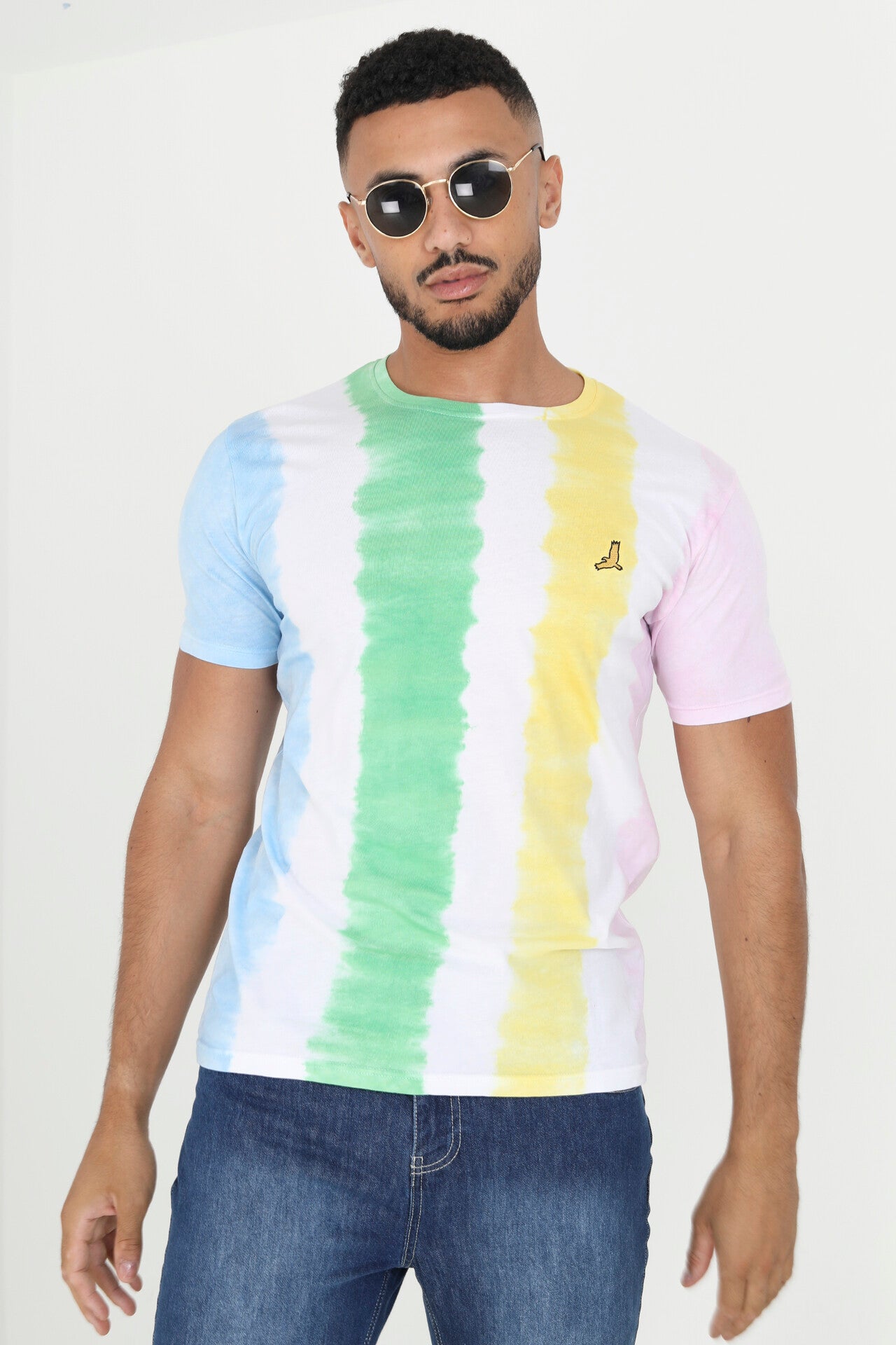 Tie Dye Style Vertical Striped Crew Neck T Shirt