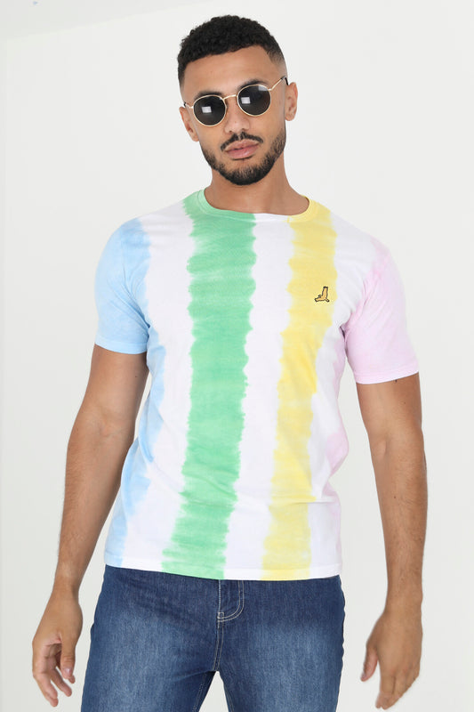 Tie Dye Style Vertical Striped Crew Neck T Shirt