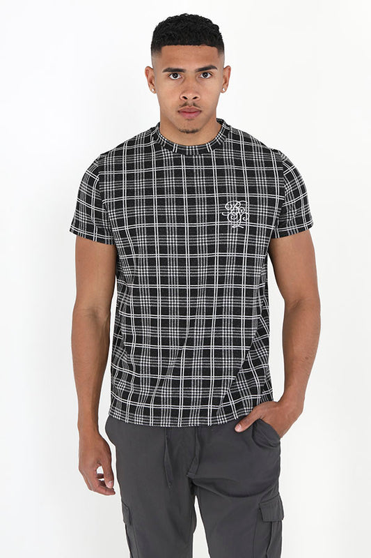 Jacquard Checked Pattern Crew Neck T-Shirt