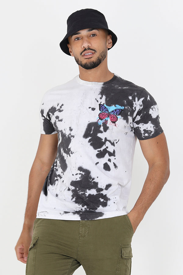 Butterfly Print Tie Dye Crew Neck T Shirt