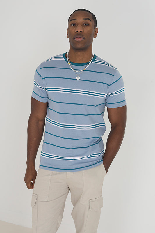 Blue Yarn Dyed Striped Crew Neck Tee